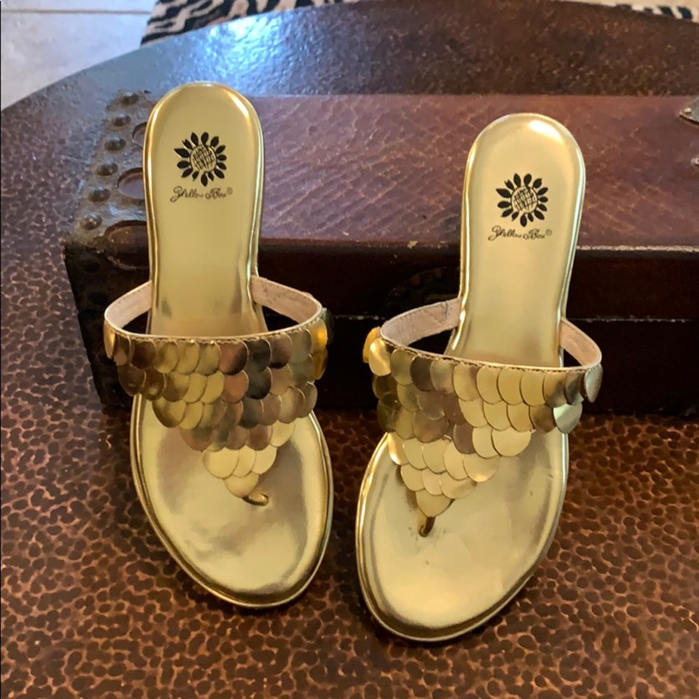 Authentic Yellow Box gold flip flops!!!
